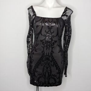 Lulus Black Sequin Sheer Long Sleeve Square Neck Mini Dress S